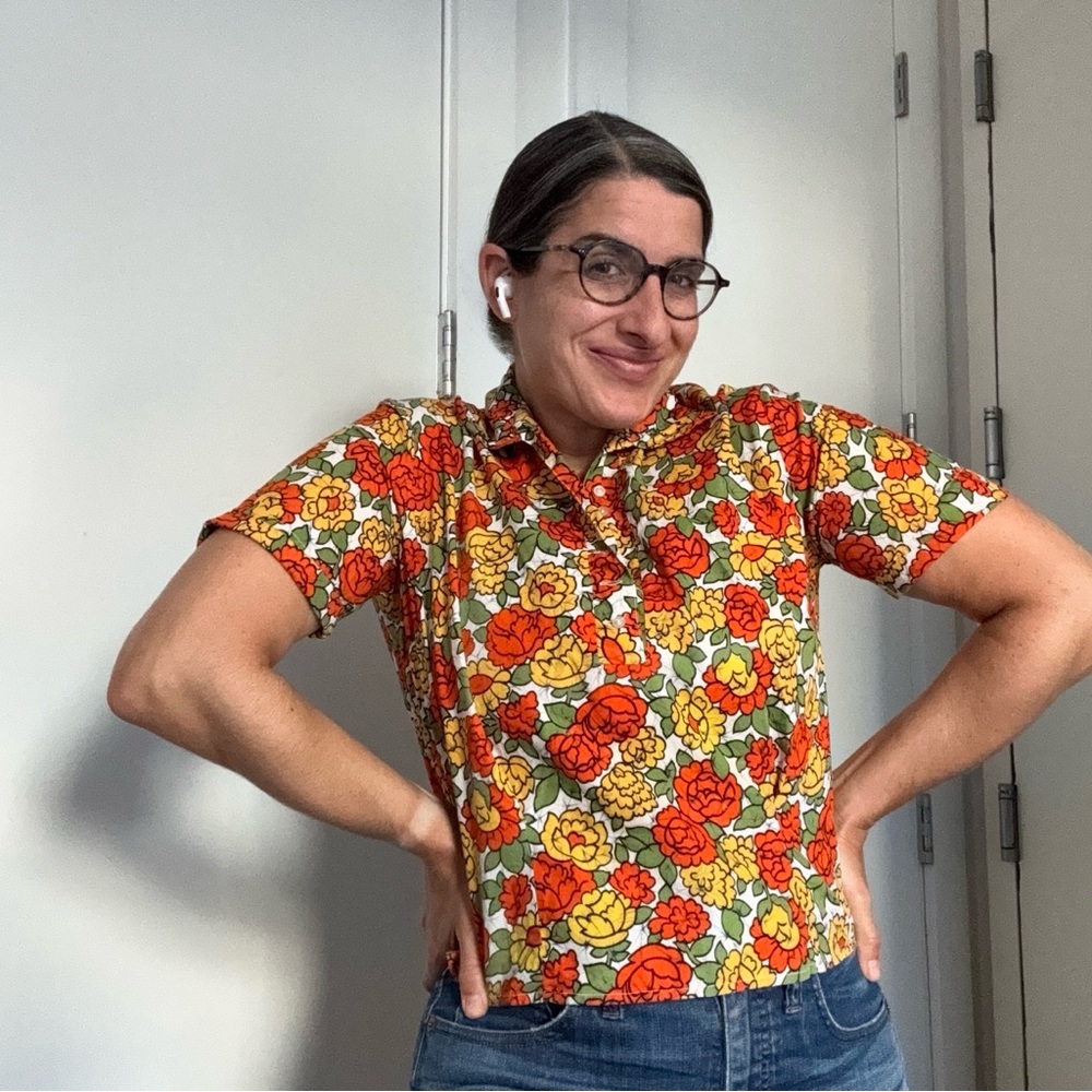 Vintage 70s Orange Floral Short Sleeve Button Down Shirt